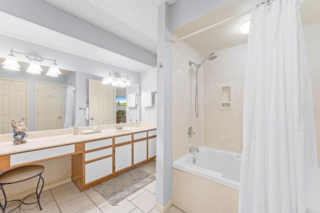 bathroom with tile patterned floors, vanity, a textured ceiling, and shower / tub combo with curtain