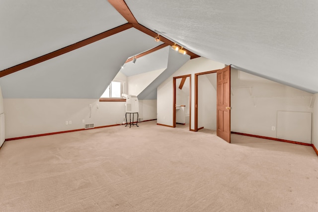 additional living space featuring a textured ceiling, light carpet, and vaulted ceiling