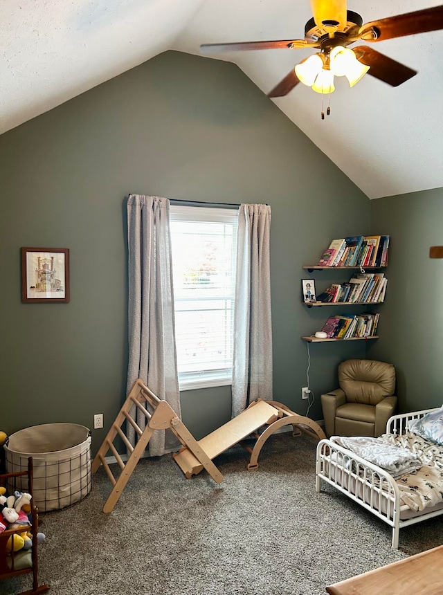 game room with carpet, vaulted ceiling, and ceiling fan