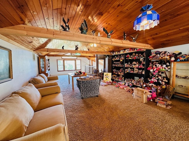 carpeted living room with vaulted ceiling with beams and wood ceiling