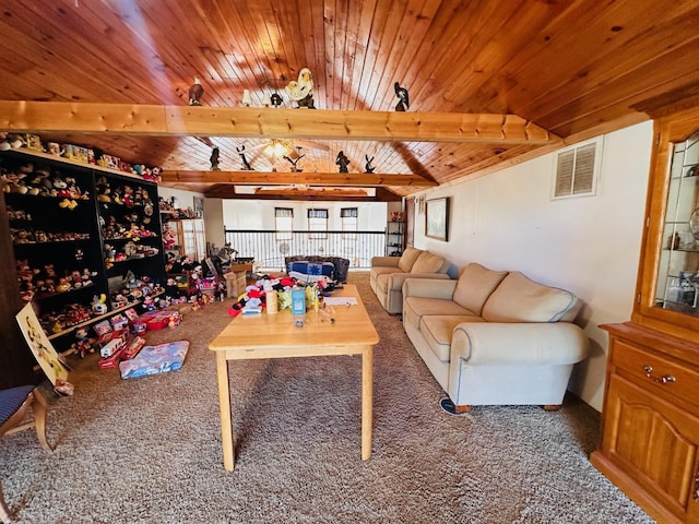 interior space with carpet flooring, lofted ceiling with beams, and wooden ceiling