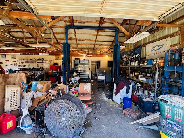 garage with a workshop area