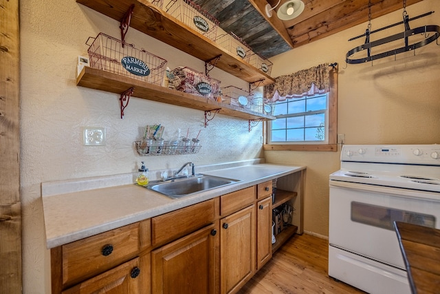 kitchen featuring white range with electric cooktop, sink, wood ceiling, and light hardwood / wood-style floors