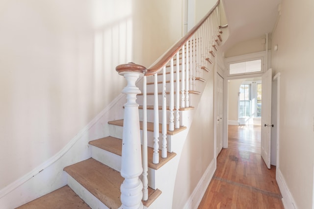 stairway with hardwood / wood-style flooring