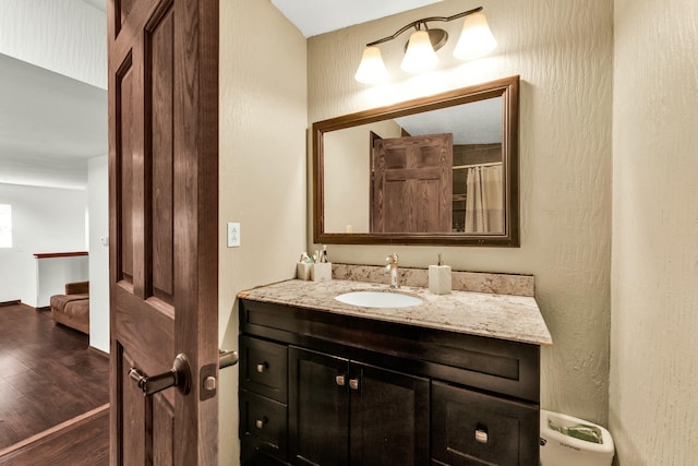 bathroom with hardwood / wood-style flooring and vanity