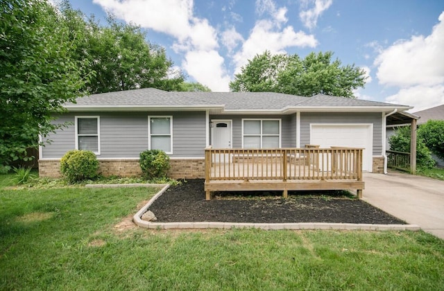 ranch-style house featuring a wooden deck and a front lawn