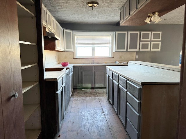 kitchen with wood-type flooring, a textured ceiling, and tasteful backsplash