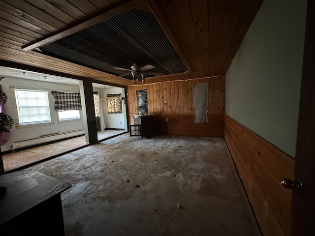 interior space featuring ceiling fan, a baseboard radiator, wooden ceiling, concrete floors, and wooden walls