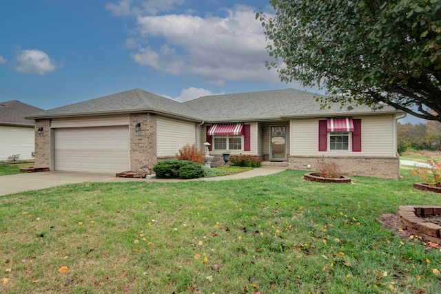 ranch-style house with a front yard and a garage