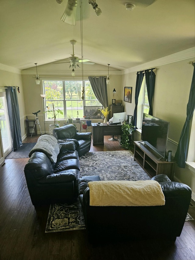 living room featuring dark wood-type flooring, vaulted ceiling, and ornamental molding