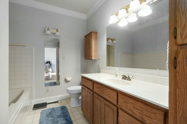 bathroom featuring vanity, toilet, and crown molding