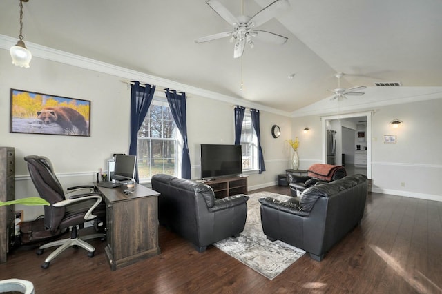 living room featuring dark hardwood / wood-style flooring, vaulted ceiling, ceiling fan, and ornamental molding