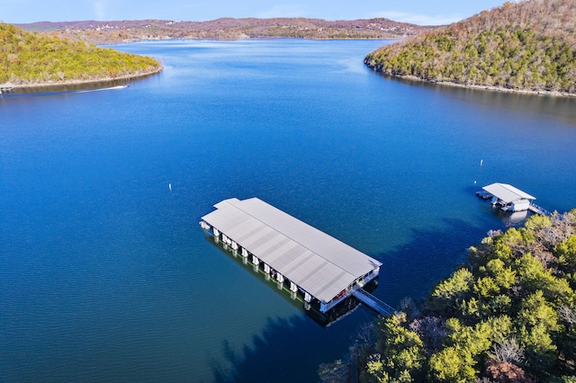 birds eye view of property with a water and mountain view