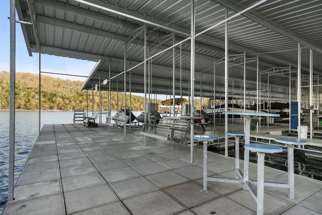 exterior space with a water view and a boat dock