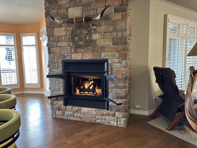 interior details featuring wood-type flooring and a stone fireplace