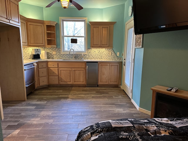 kitchen featuring sink, ceiling fan, dark hardwood / wood-style floors, and tasteful backsplash