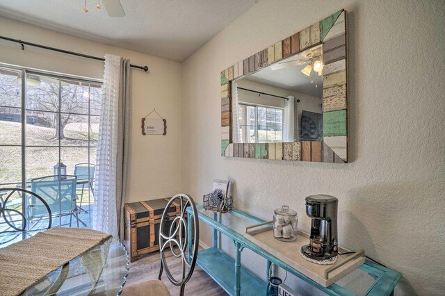 570 Abby Ln Unit 3, Branson, MO 65616 - dining space featuring ceiling fan, a textured wall, wood finished floors, and baseboards