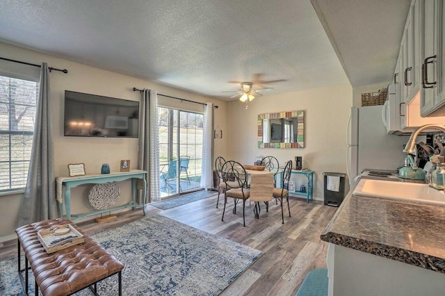570 Abby Ln Unit 3, Branson, MO 65616 - dining space with wood finished floors, a textured ceiling, a ceiling fan, and baseboards