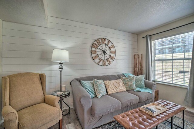 570 Abby Ln Unit 3, Branson, MO 65616 - living area featuring wood finished floors, a textured ceiling, and wooden walls