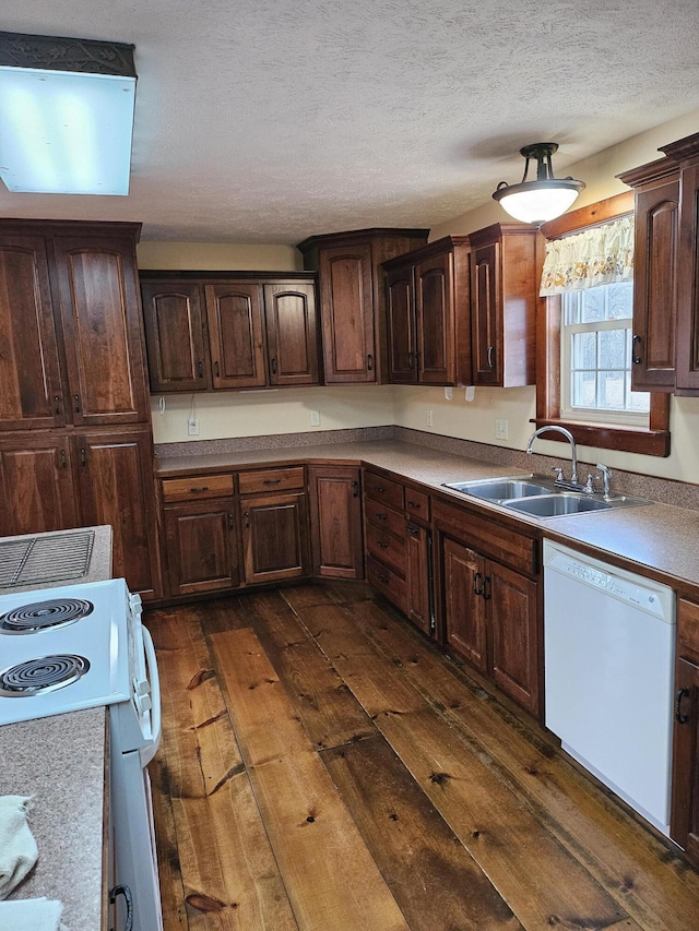 kitchen featuring sink, dark brown cabinets, a textured ceiling, dark hardwood / wood-style floors, and white appliances