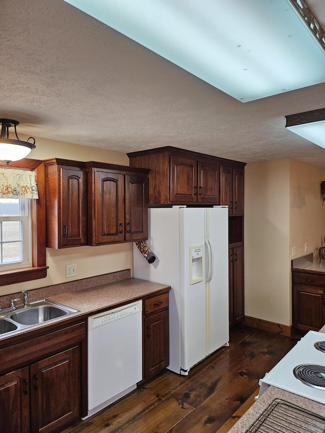 kitchen featuring white appliances, dark hardwood / wood-style flooring, sink, and dark brown cabinets