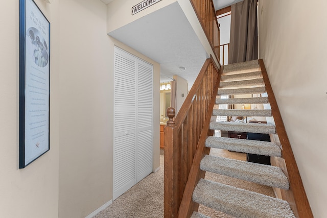 stairway featuring carpet flooring