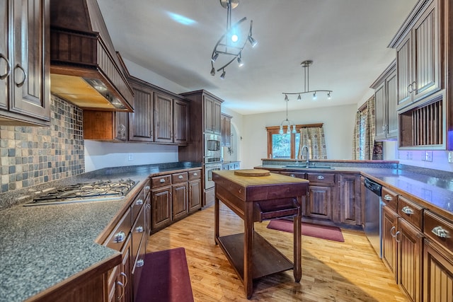 kitchen with appliances with stainless steel finishes, dark brown cabinetry, sink, decorative light fixtures, and light hardwood / wood-style floors