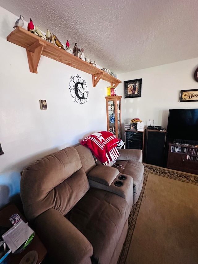 carpeted living room featuring a textured ceiling