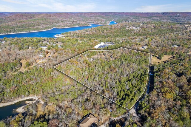 birds eye view of property with a forest view and a water view