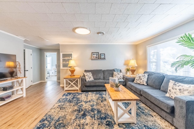 living room featuring hardwood / wood-style floors and ornamental molding