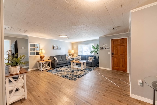 living room with hardwood / wood-style floors and ornamental molding