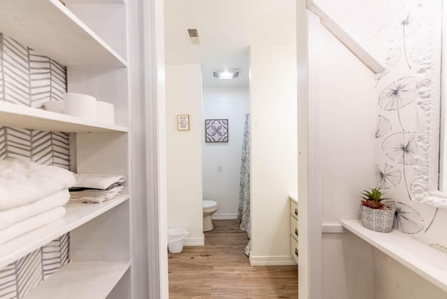 bathroom with wood-type flooring and toilet