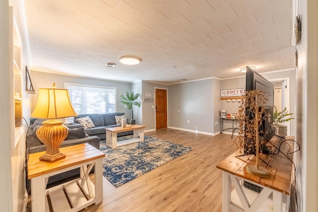 living room featuring crown molding, hardwood / wood-style floors, and a textured ceiling