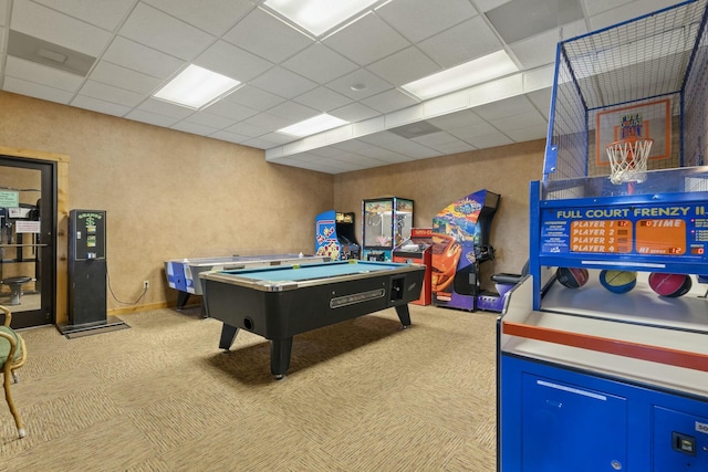 rec room with a paneled ceiling, light carpet, and pool table