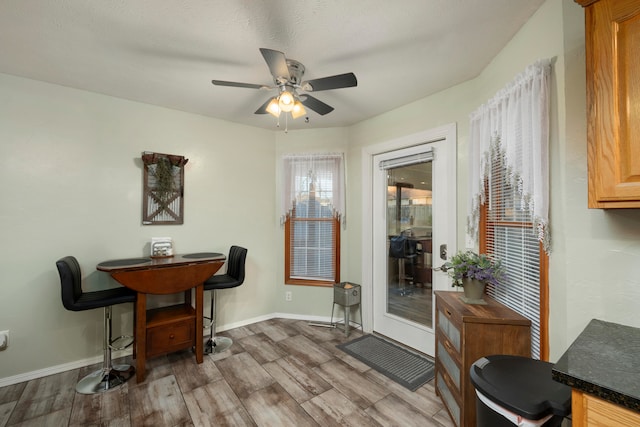 dining area featuring hardwood / wood-style floors and ceiling fan