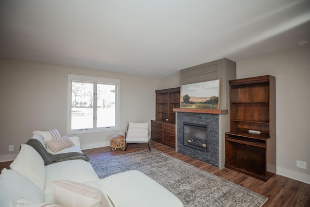 living room with a fireplace and dark hardwood / wood-style floors