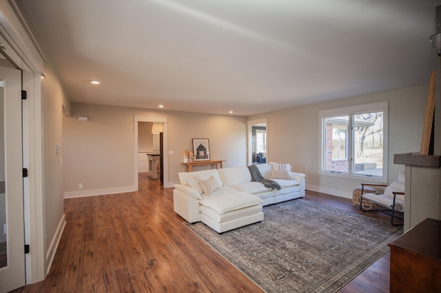 living room with dark hardwood / wood-style floors