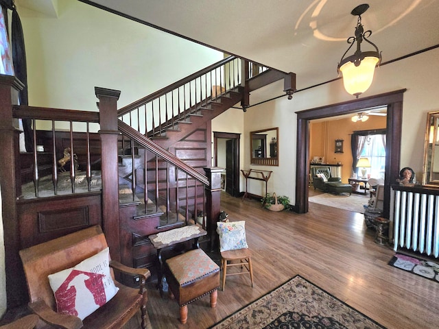 staircase with hardwood / wood-style floors