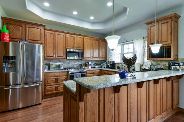 kitchen featuring kitchen peninsula, appliances with stainless steel finishes, a tray ceiling, decorative light fixtures, and wood-type flooring