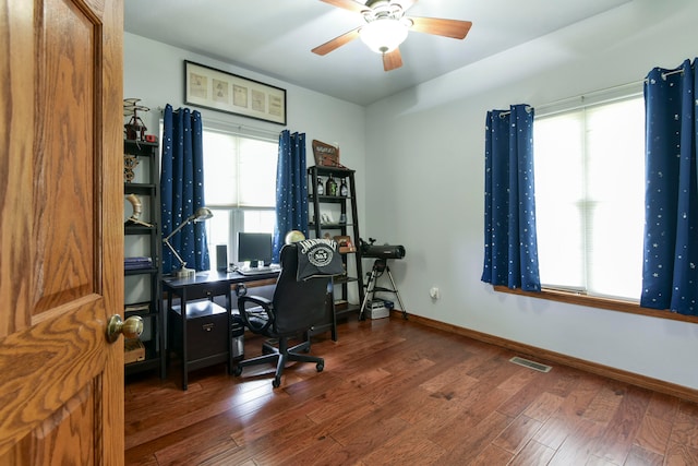 office area featuring ceiling fan and dark wood-type flooring