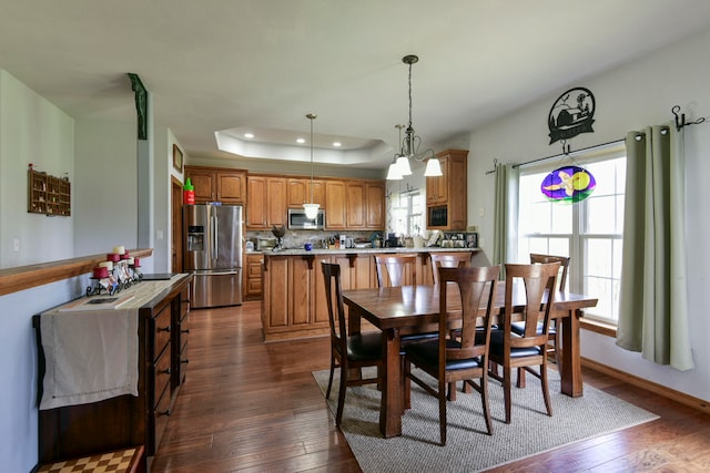 dining room with a chandelier, a raised ceiling, and dark wood-type flooring