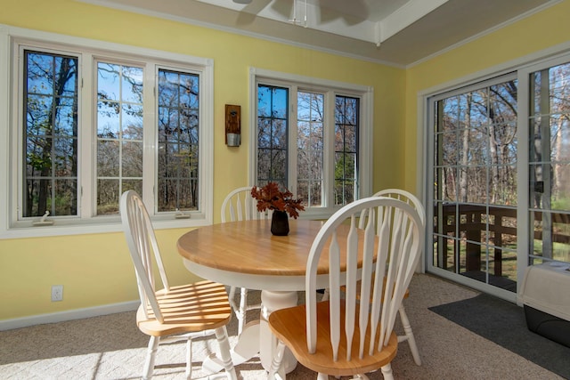 carpeted dining area featuring crown molding, plenty of natural light, and ceiling fan