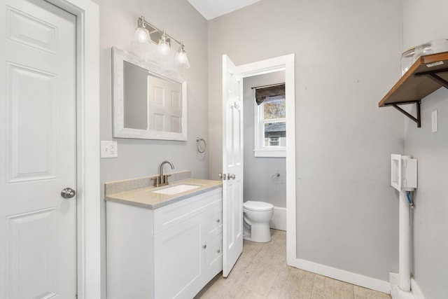 bathroom featuring vanity, hardwood / wood-style flooring, and toilet