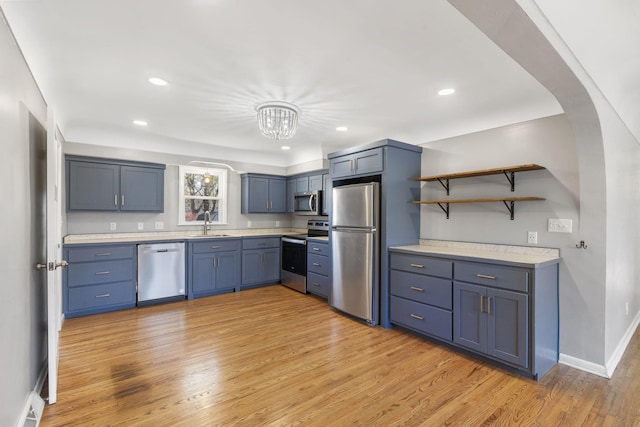 kitchen with sink, blue cabinets, stainless steel appliances, and light hardwood / wood-style floors