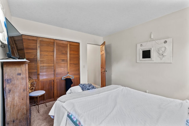 carpeted bedroom with a textured ceiling and a closet