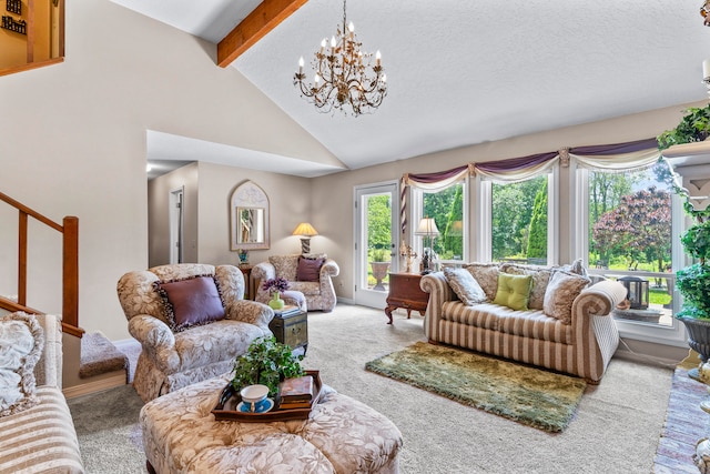 living room featuring carpet, a textured ceiling, beam ceiling, an inviting chandelier, and high vaulted ceiling