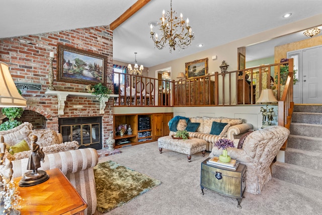 living room with beamed ceiling, carpet floors, high vaulted ceiling, and a fireplace