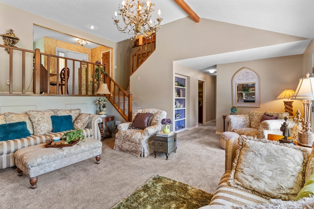 living room featuring carpet floors, lofted ceiling with beams, and an inviting chandelier