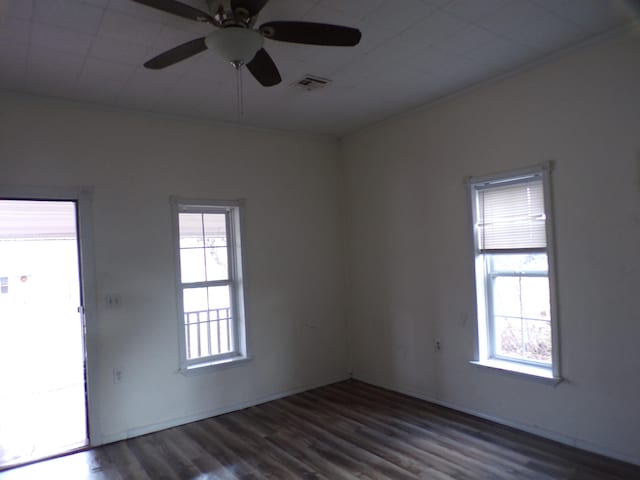 spare room with a wealth of natural light, ceiling fan, and dark wood-type flooring