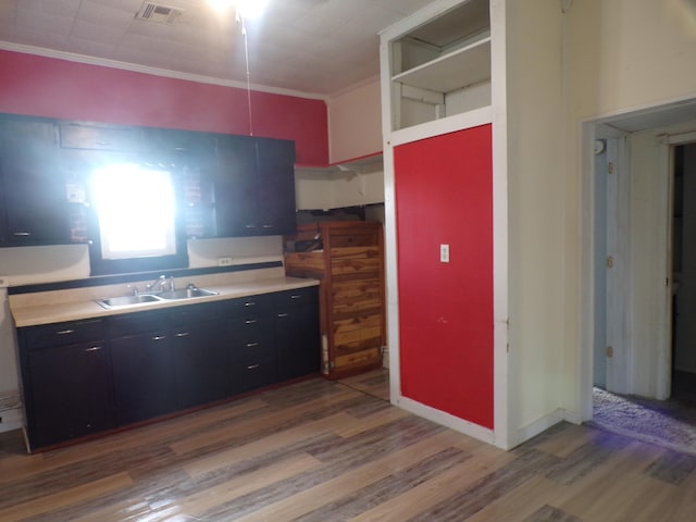 kitchen with hardwood / wood-style flooring, ornamental molding, and sink